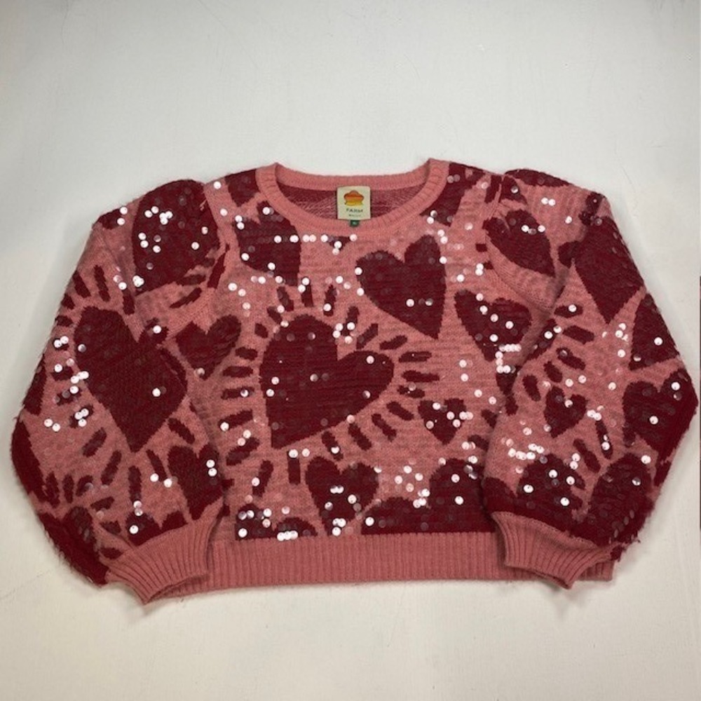 Farm Rio Pink Red Heart Sequin Knit Sweater XL Long Sleeve Crew Neck Pullover